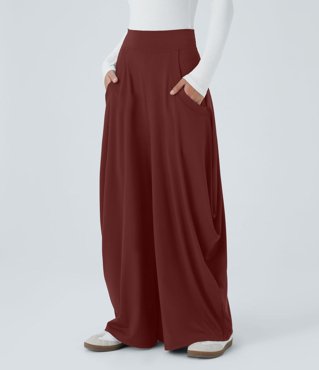 Pantalon décontracté drapé à poches multiples et taille moyenne, jambe large