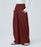 Pantalon décontracté drapé à poches multiples et taille moyenne, jambe large