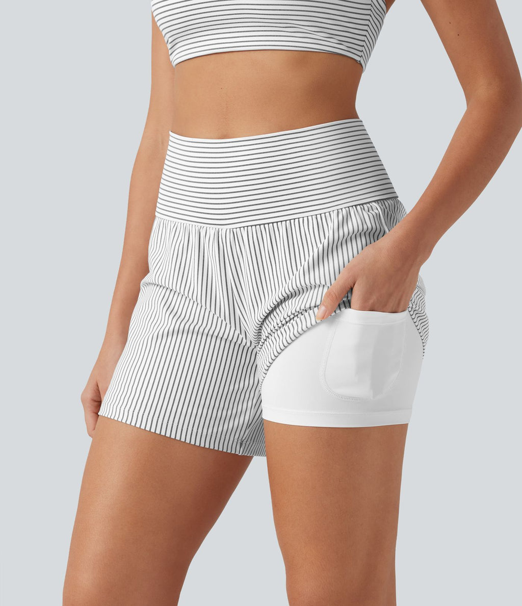 Short de yoga 2-en-1 à rayures, taille très haute, 12,5 cm, à poches