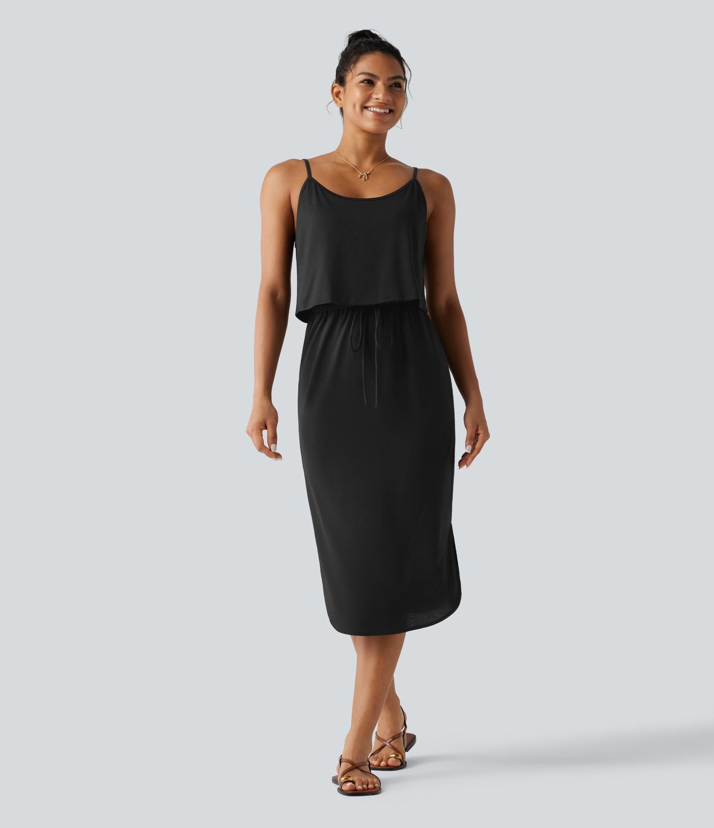 Robe nuisette midi casual à ourlet courbé fendu et cordon de serrage