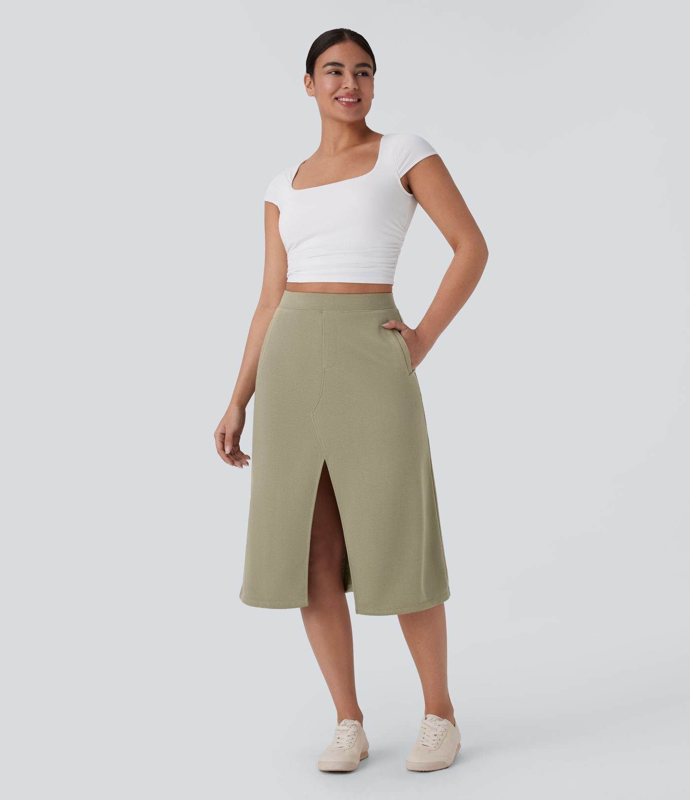 Jupe midi décontractée taille haute fendue avec poches latérales