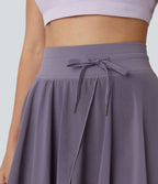 Jupe Casual Évasée Fluide 2 en 1 en Maille Contrastée Taille Haute Cordon de Serrage Poche Latérale