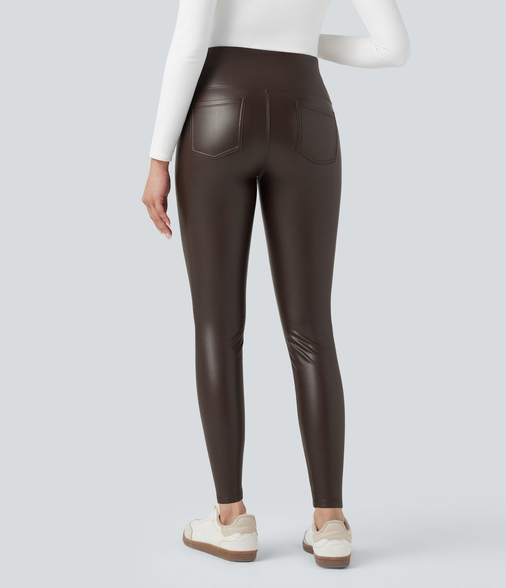 Pantalon 7/8 moulant décontracté polaire gainant taille haute extensible effet cuir avec poches