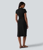 Robe casual mi-longue col rond à manches courtes avec découpe