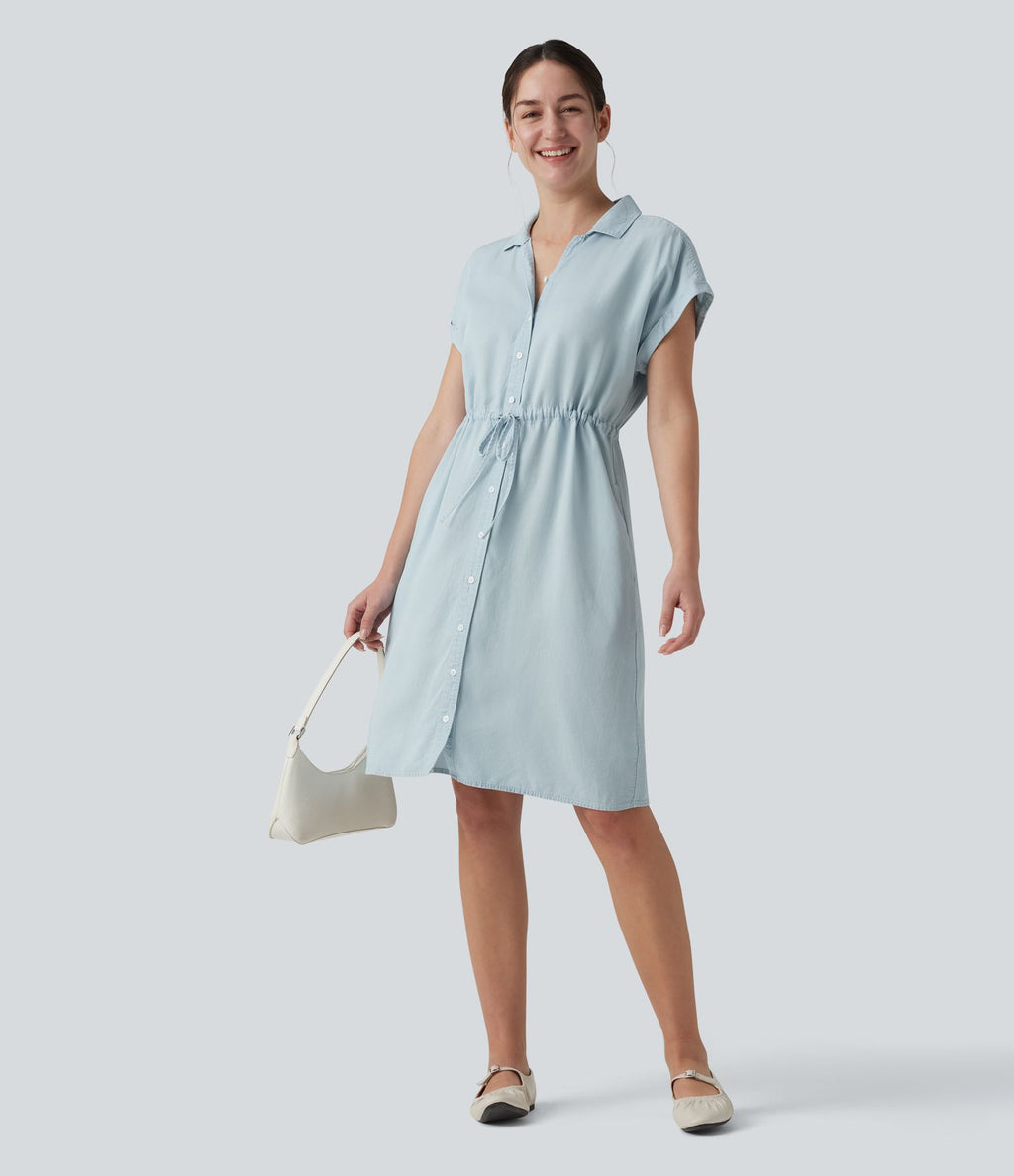 Robe-chemise casual denim en lyocell drapé à col, cordon de serrage, braguette boutonnée et poches