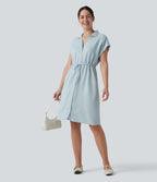 Robe-chemise casual denim en lyocell drapé à col, cordon de serrage, braguette boutonnée et poches