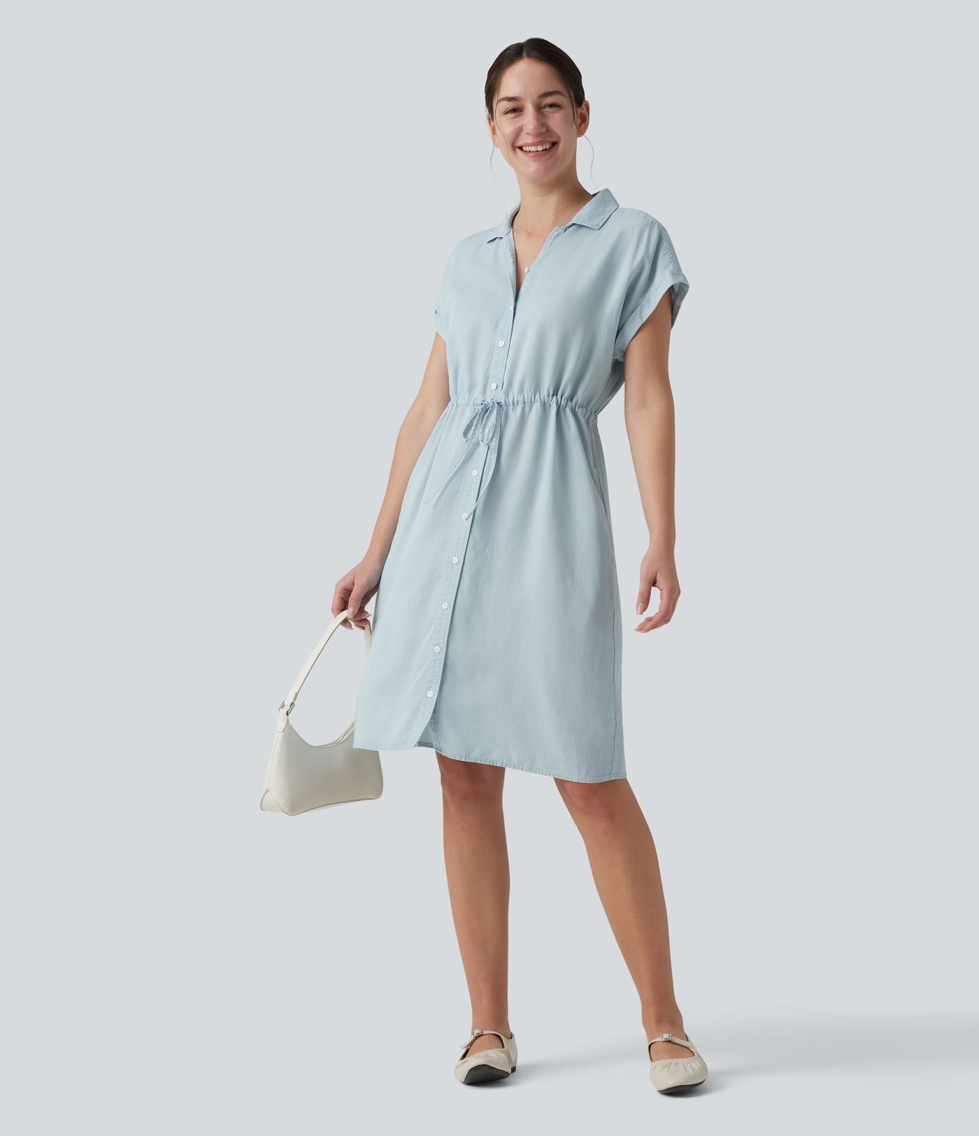 Robe-chemise casual denim en lyocell drapé à col, cordon de serrage, braguette boutonnée et poches