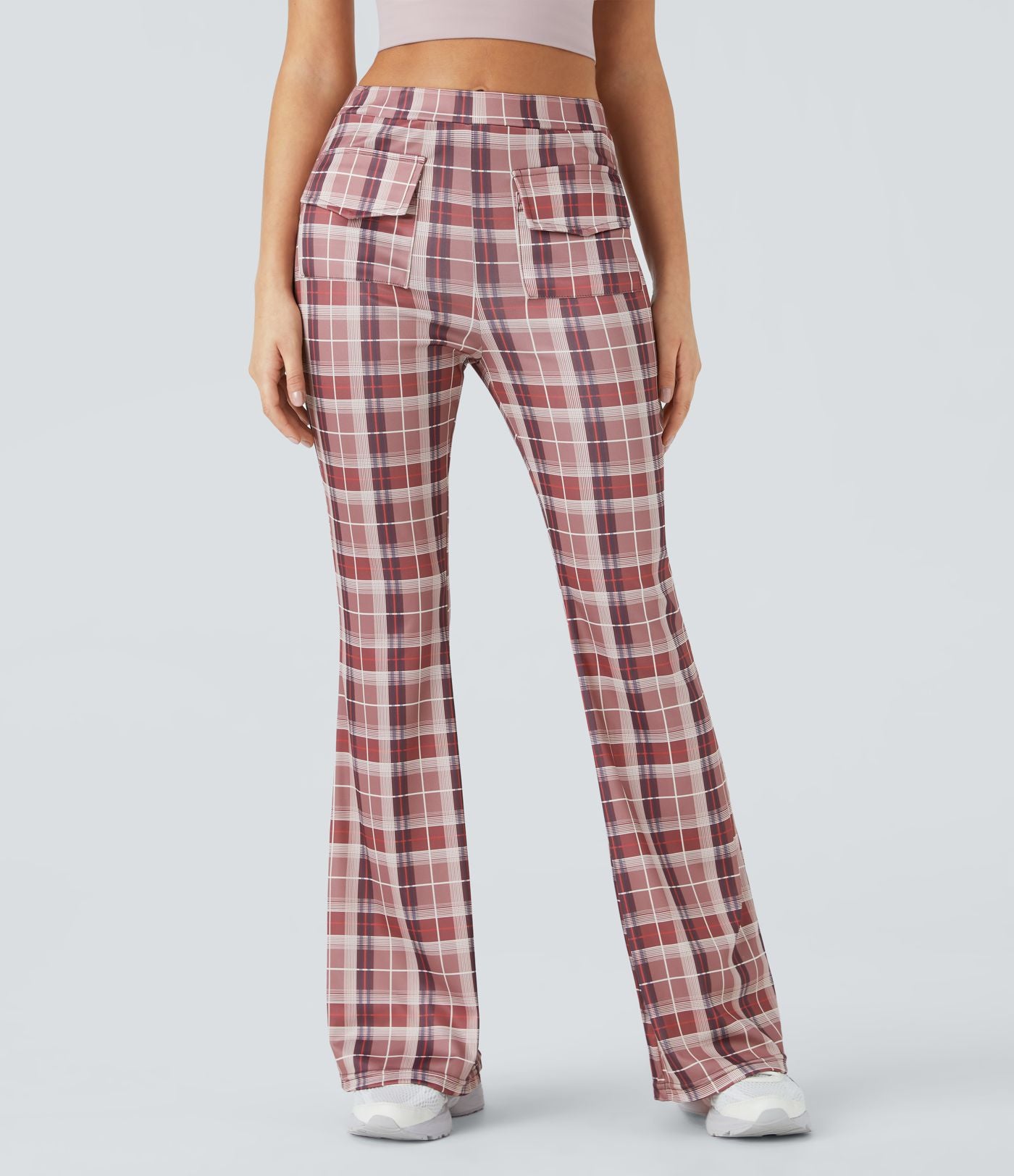 Pantalon Casual à Carreaux Évasé et Taille Haute avec Poches