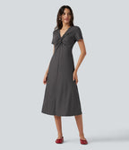 Robe midi décontractée à pois, col V, manches courtes
