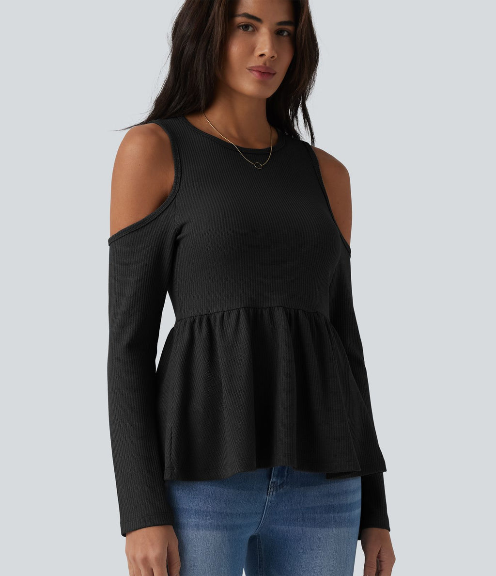 T-shirt décontracté gaufré col rond manches longues découpes ourlet à volants