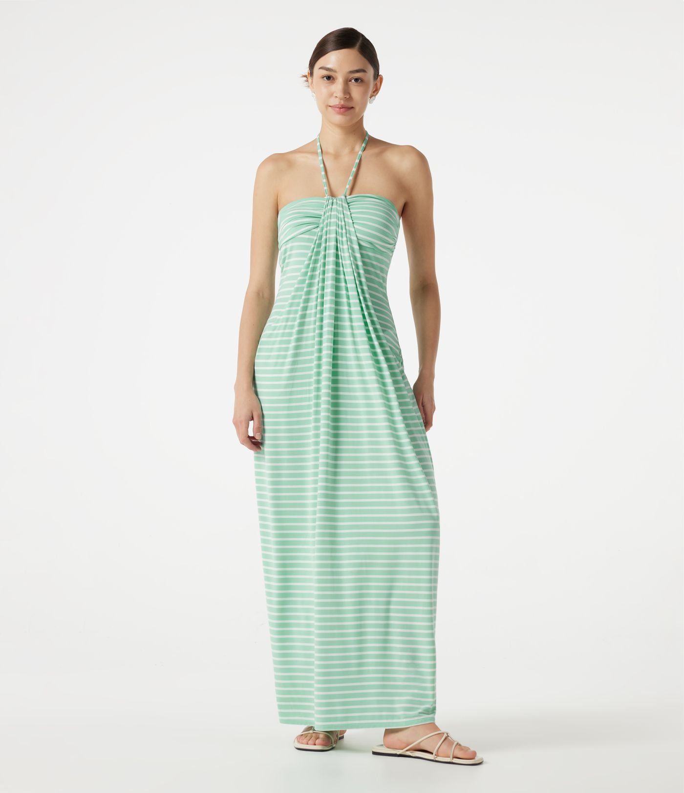 Robe maxi de plage à rayures col halter avec brassière intégrée, lien noué au dos et poches