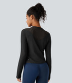 Top de sport yoga col rond manches raglan longues mesh contrastant