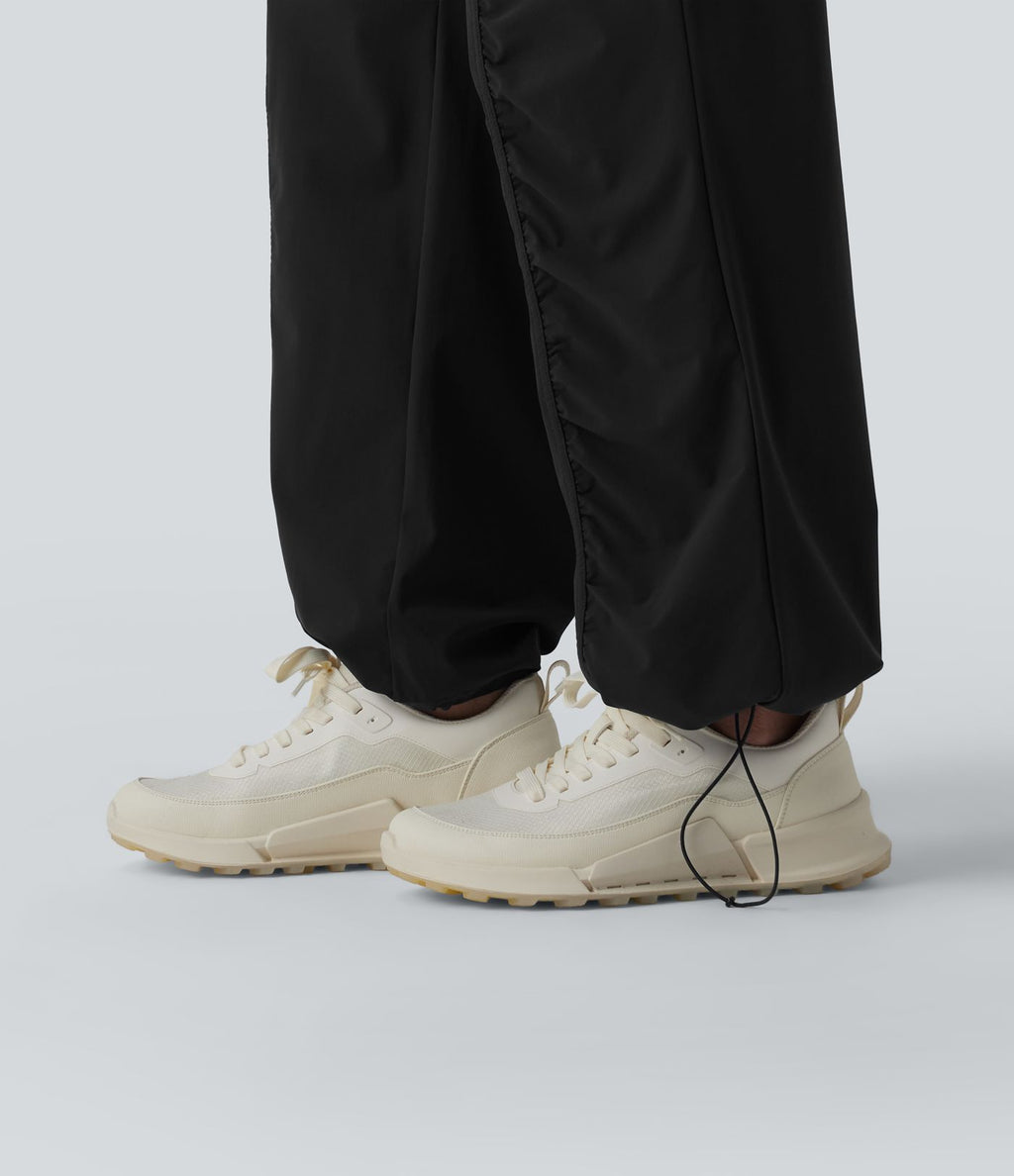 Pantalon running coupe droite taille haute à cordon de serrage et fronces séchage rapide avec poches