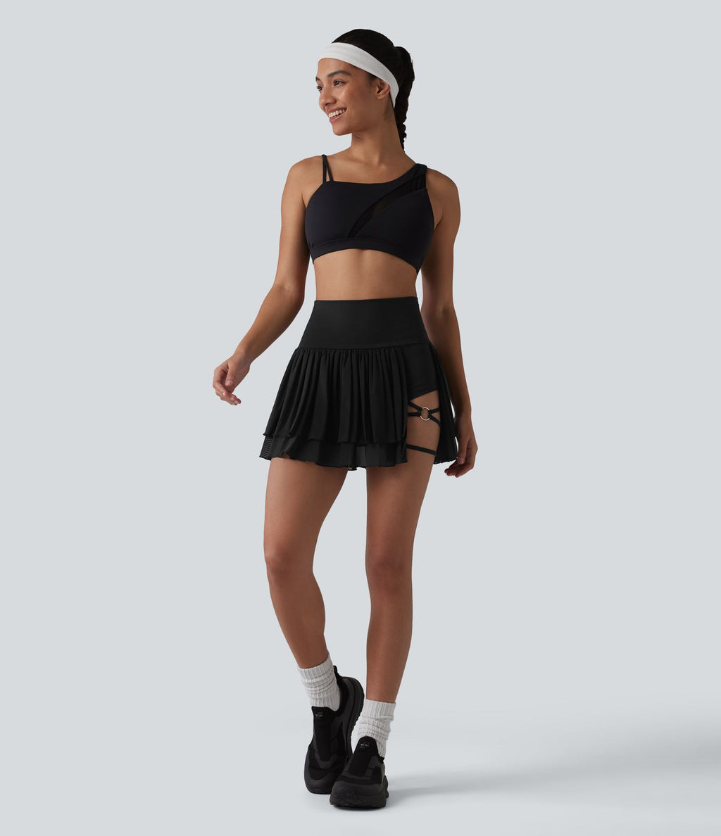 Jupe de danse mini 2-en-1 en mesh respirant à volants et ourlet asymétrique taille haute avec poches