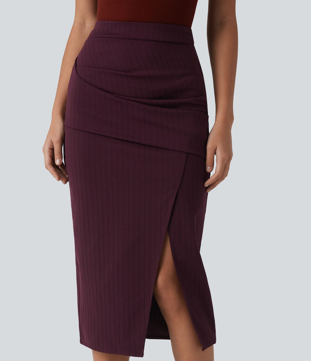 Jupe midi moulante tailleur taille haute croisée à rayures et ourlet fendu