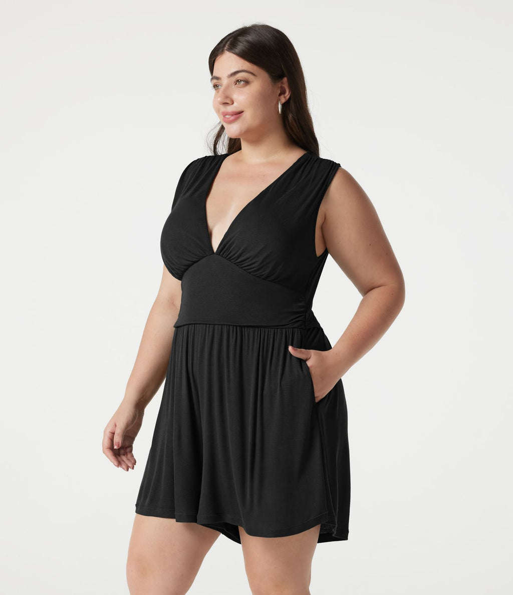 Combishort casual grande taille froncé côtelé sans manches à col V avec brassière intégrée et poches - Édition Easy Peasy