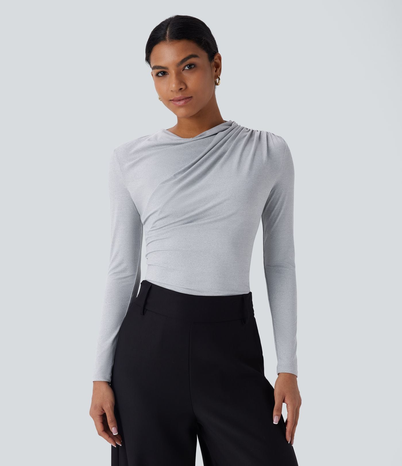 Cowl Neck Ruched Long Sleeve Slim Work Top