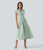 Robe midi casual fluide en mélange de lin col V à manches courtes avec dos noué et poches