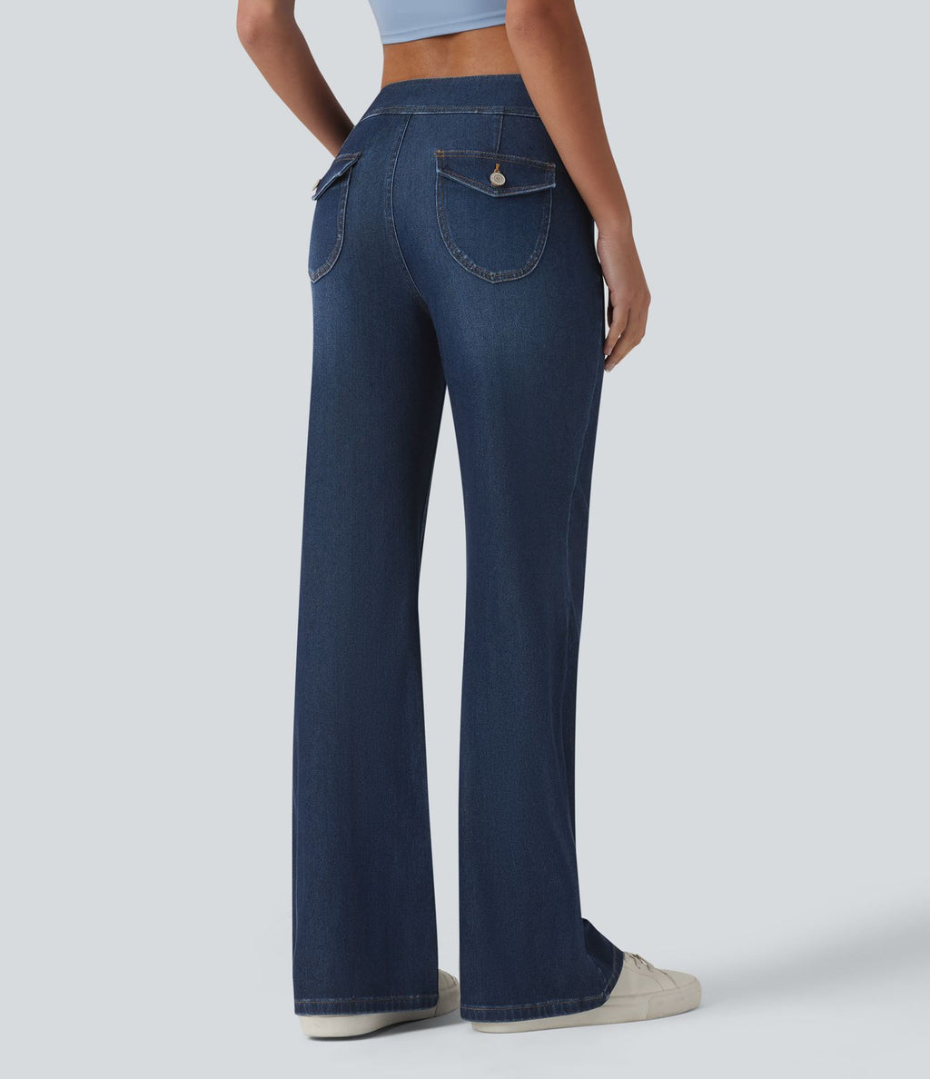 Halara Flex™ Jean évasé casual taille basse en lyocell drapé effet délavé, avec poches