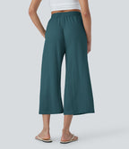 Pantalon décontracté aspect lin 7/8 à taille haute, jambe large avec cordon de serrage et poches latérales