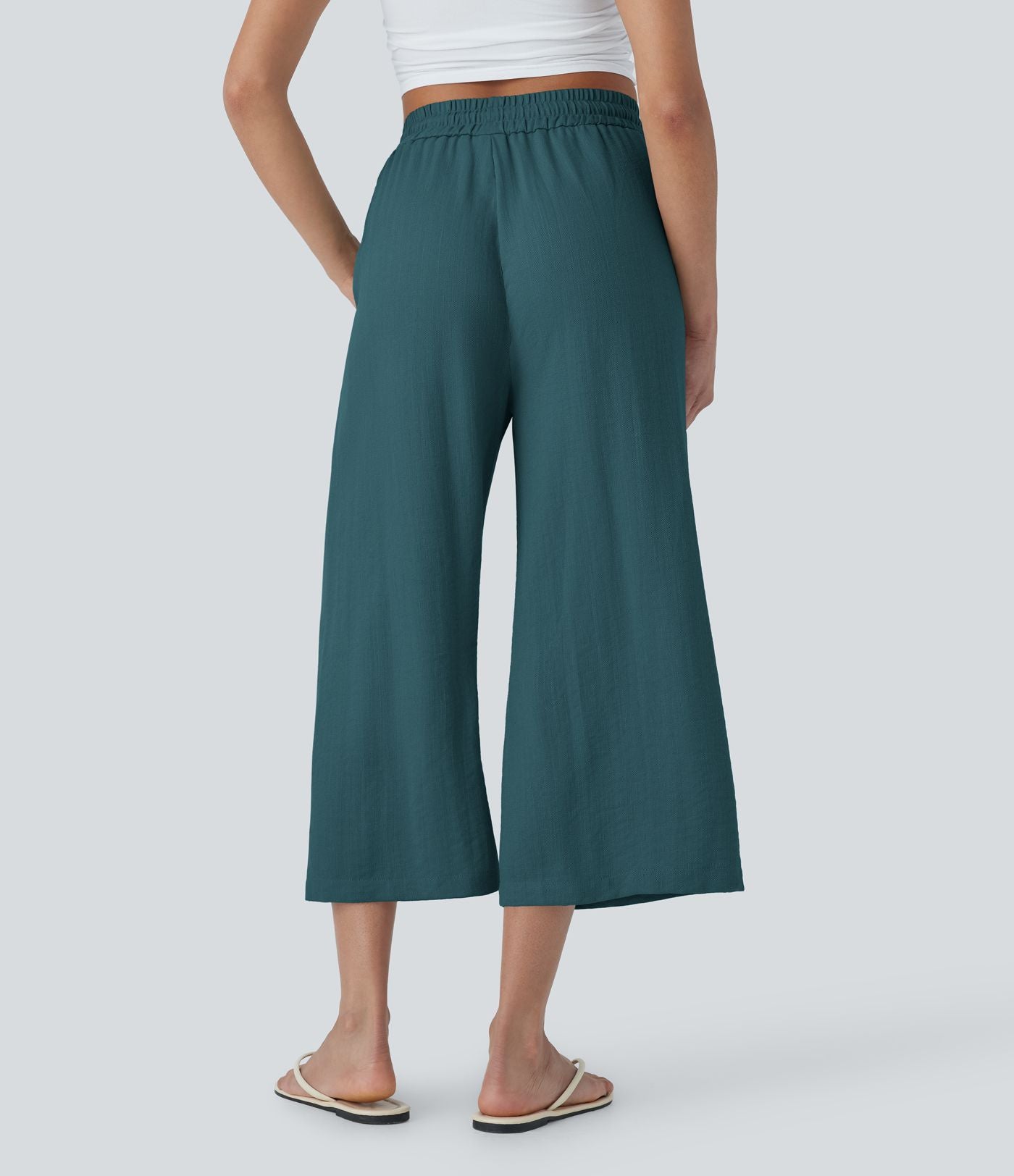 Pantalon décontracté aspect lin 7/8 à taille haute, jambe large avec cordon de serrage et poches latérales