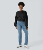 Sweat-shirt décontracté ample à col rond, épaules tombantes et manches évasées plissées