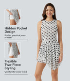 Robe mini à pois sans manches à col rond, avec superposition asymétrique et short amovible avec poche
