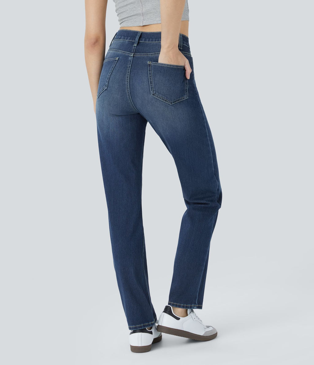 Jean droit Halara Flex™ à taille haute, poches multiples, effet délavé et tissu extensible