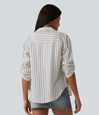 Chemise casual à rayures aspect lin col V manches longues retroussables et ourlet arrondi