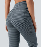 Pantalon de yoga évasé à rayures, taille haute, cordon et poches