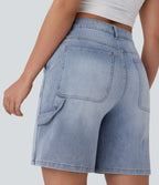 Short bermuda décontracté en denim extensible lavé Halara Flex™ taille mi-haute avec poches multiples
