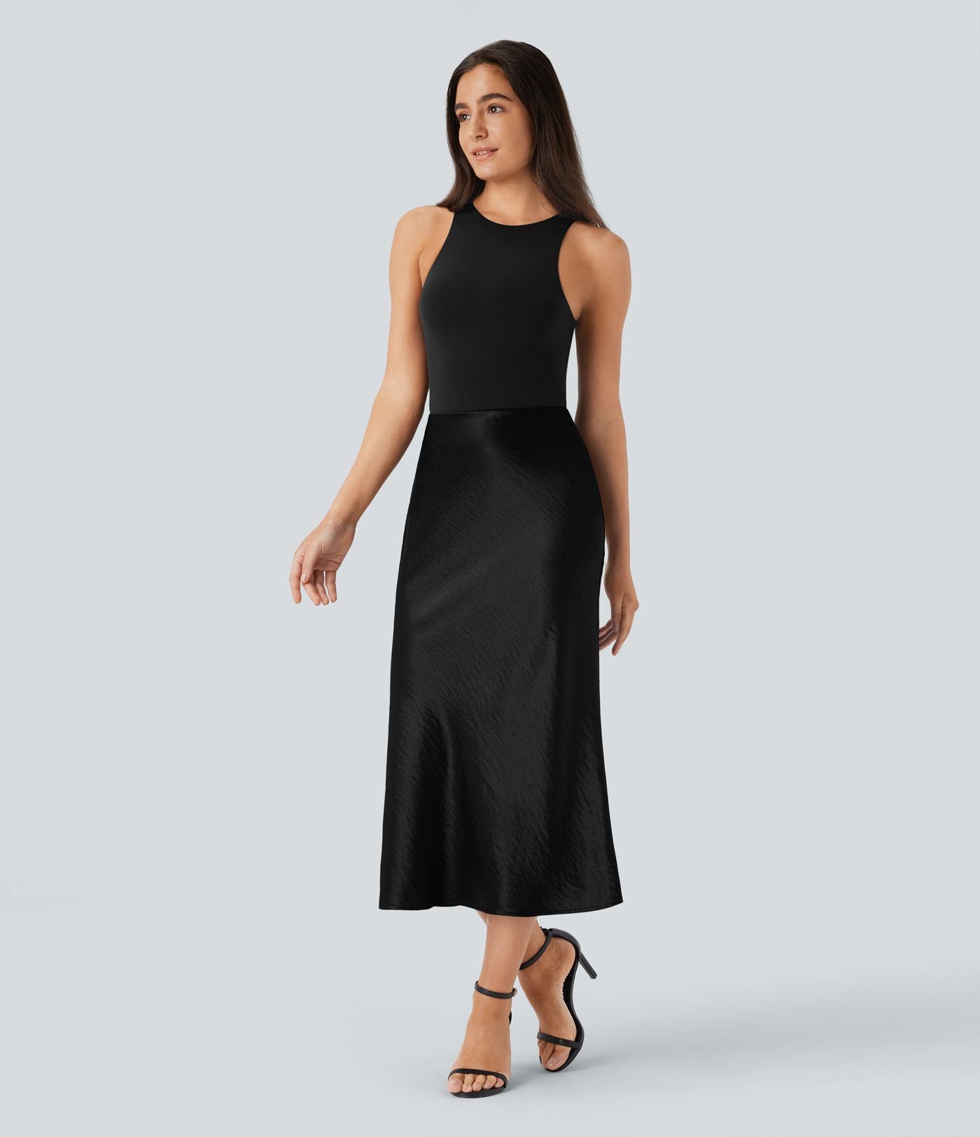 Jupe de midi sirène en satin taille haute avec fermeture éclair invisible