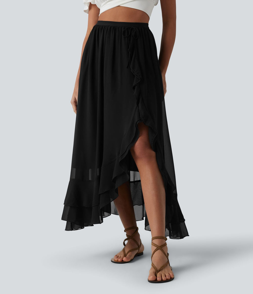 Jupe longue fluide taille haute à volants et ourlet asymétrique