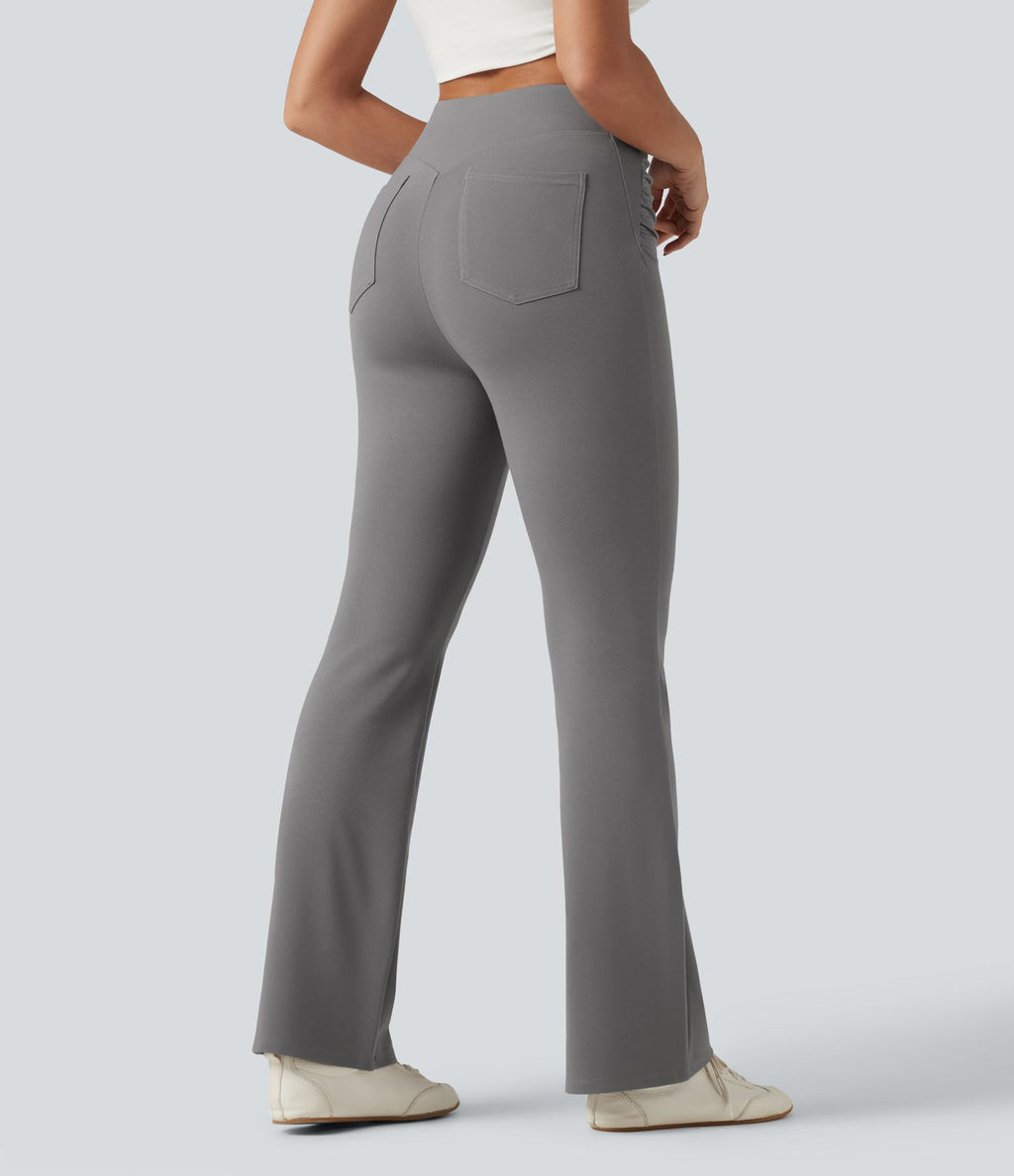 Pantalon de golf flare taille haute froncé avec poches et porte-tees