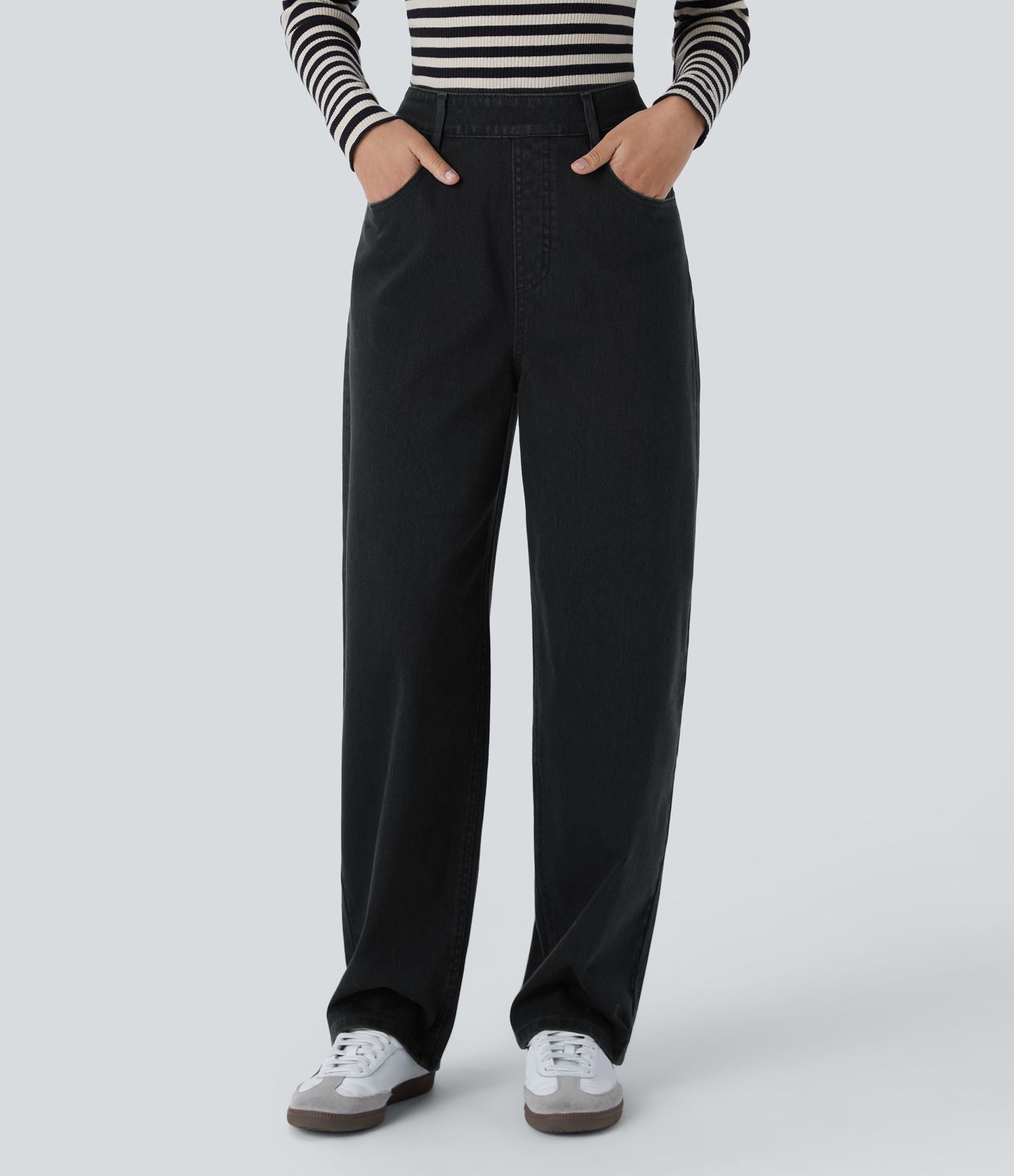 Jean ample délavé taille haute en maille extensible avec poches multiples