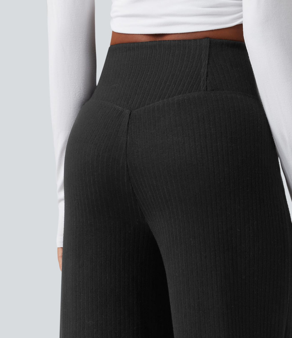 Pantalon droit décontracté côtelé croisé gainant taille haute avec poches