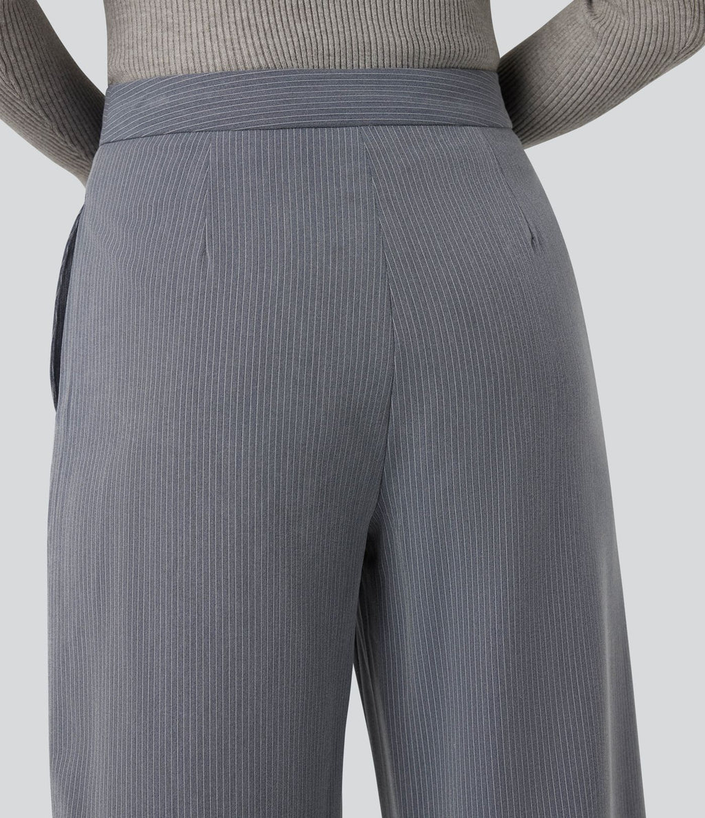 Pantalon tailleur rayé coupe droite taille haute avec poches