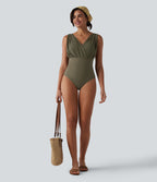 Maillot de bain une pièce col V sans manches ventre plat soutien-gorge intégré
