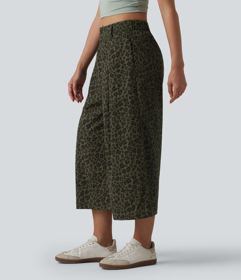Pantalon léopard casual court taille mi-haute avec poches