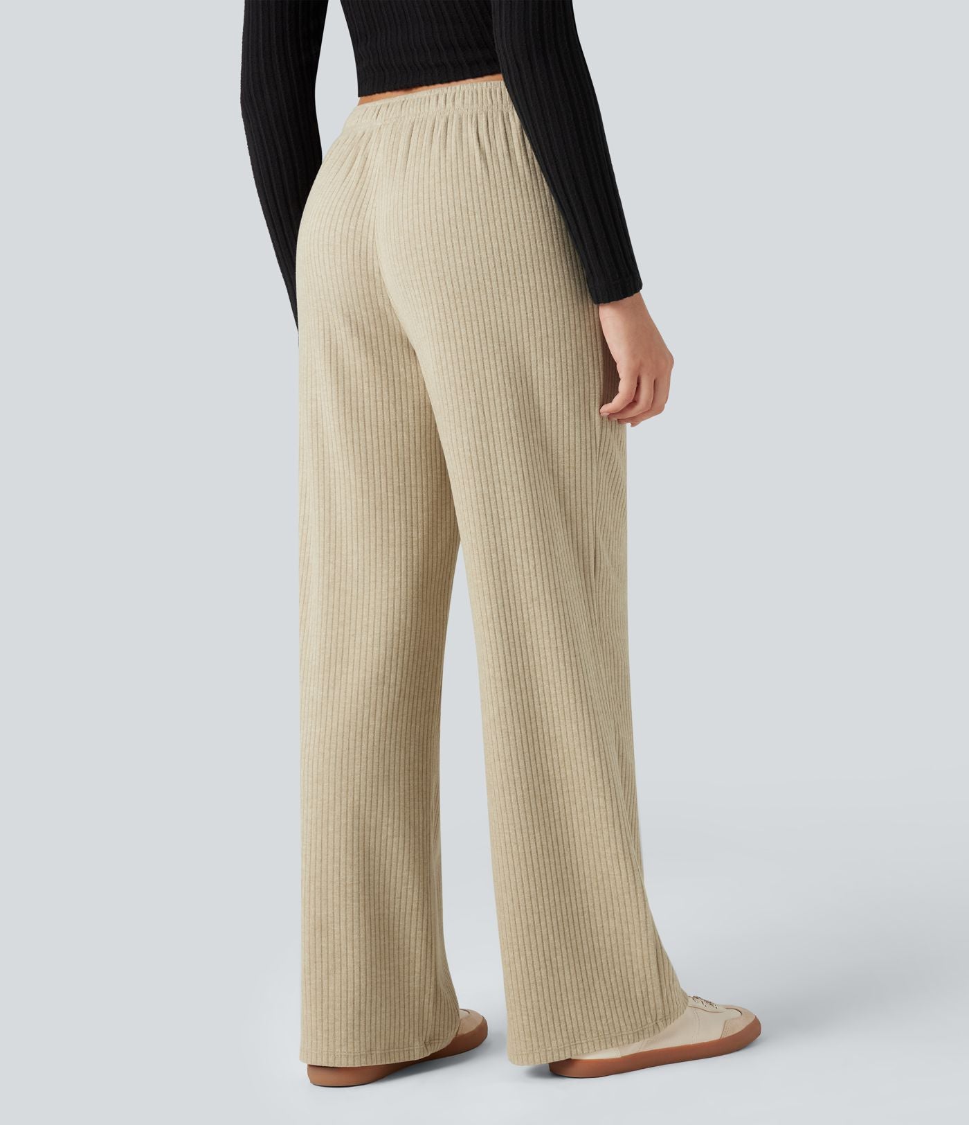 Pantalon large côtelé taille basse pliable avec cordon de serrage et poches
