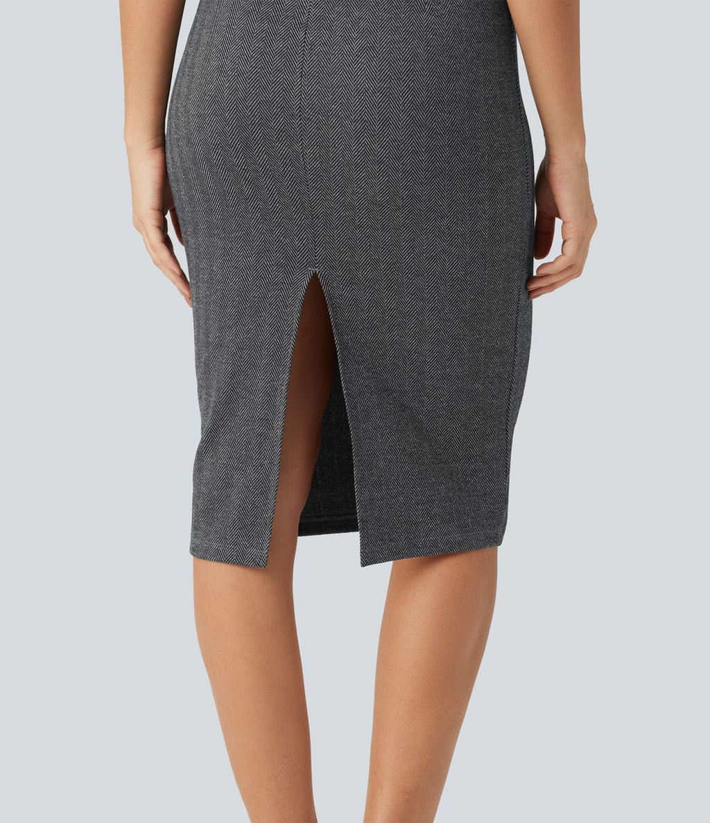 Robe midi moulante esprit bureau à motif, col montant et sans manches