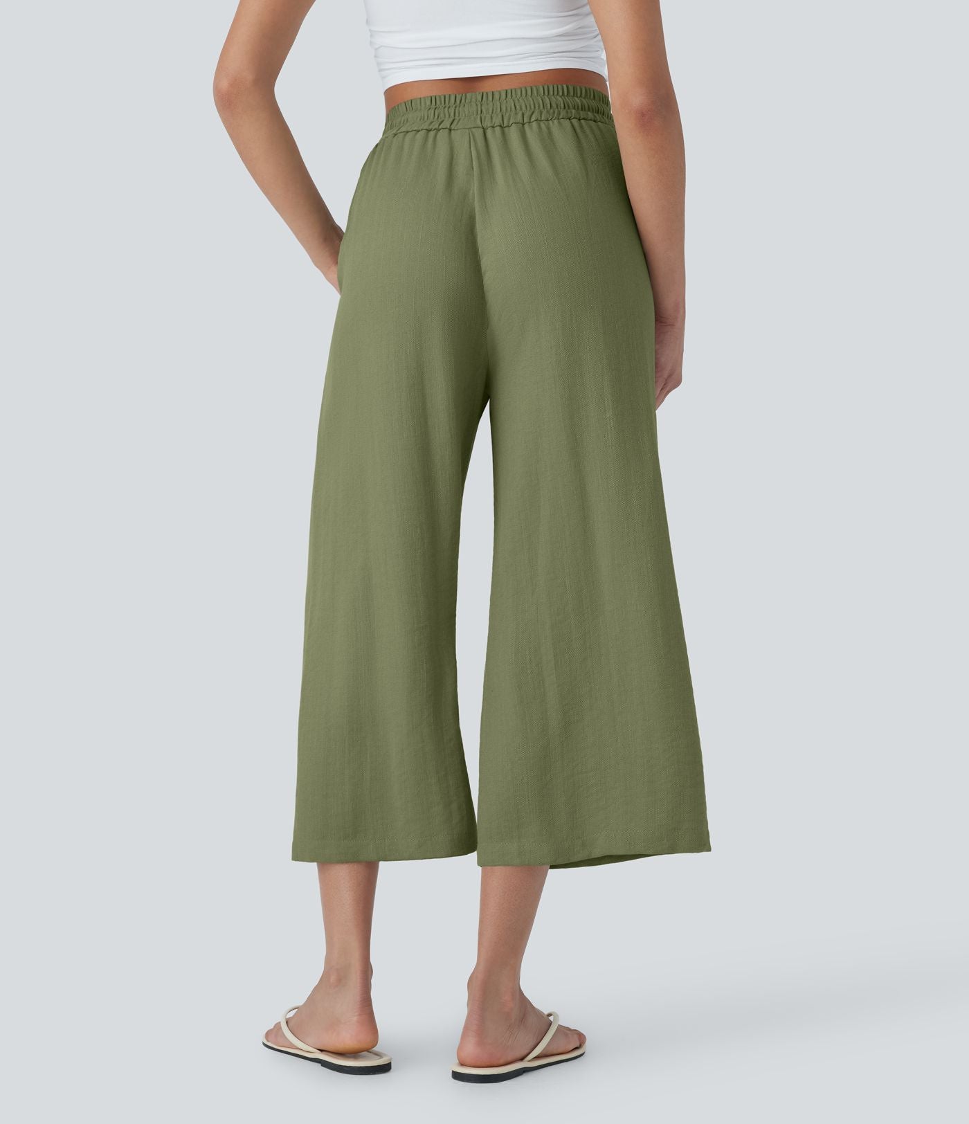 Pantalon décontracté aspect lin 7/8 à taille haute, jambe large avec cordon de serrage et poches latérales