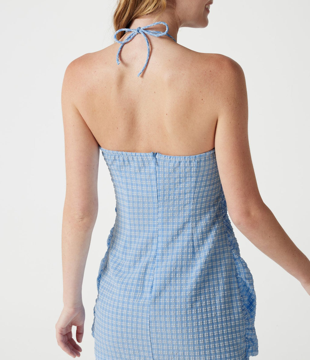 Robe micro-mini de plage moulante à carreaux vichy col halter avec brassière intégrée et lien noué au dos