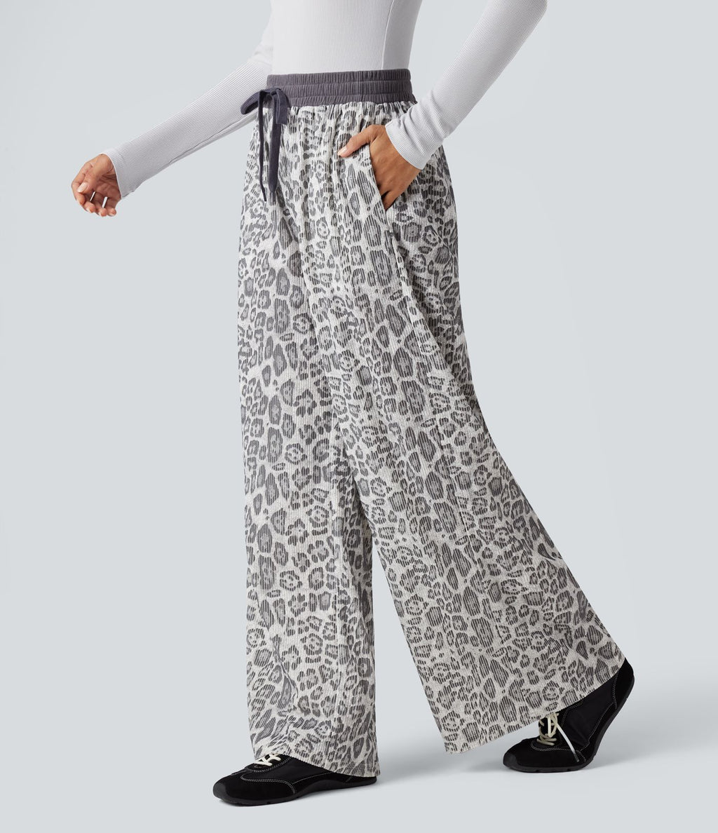 Pantalon baggy imprimé léopard taille haute avec cordon de serrage et poches