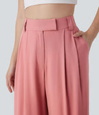 Pantalon large fluide effet lin taille moyenne avec poches