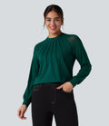 Blouse mesh contrastant col rond manches raglan longues