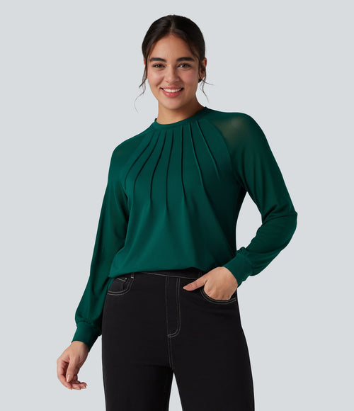 Blouse mesh contrastant col rond manches raglan longues