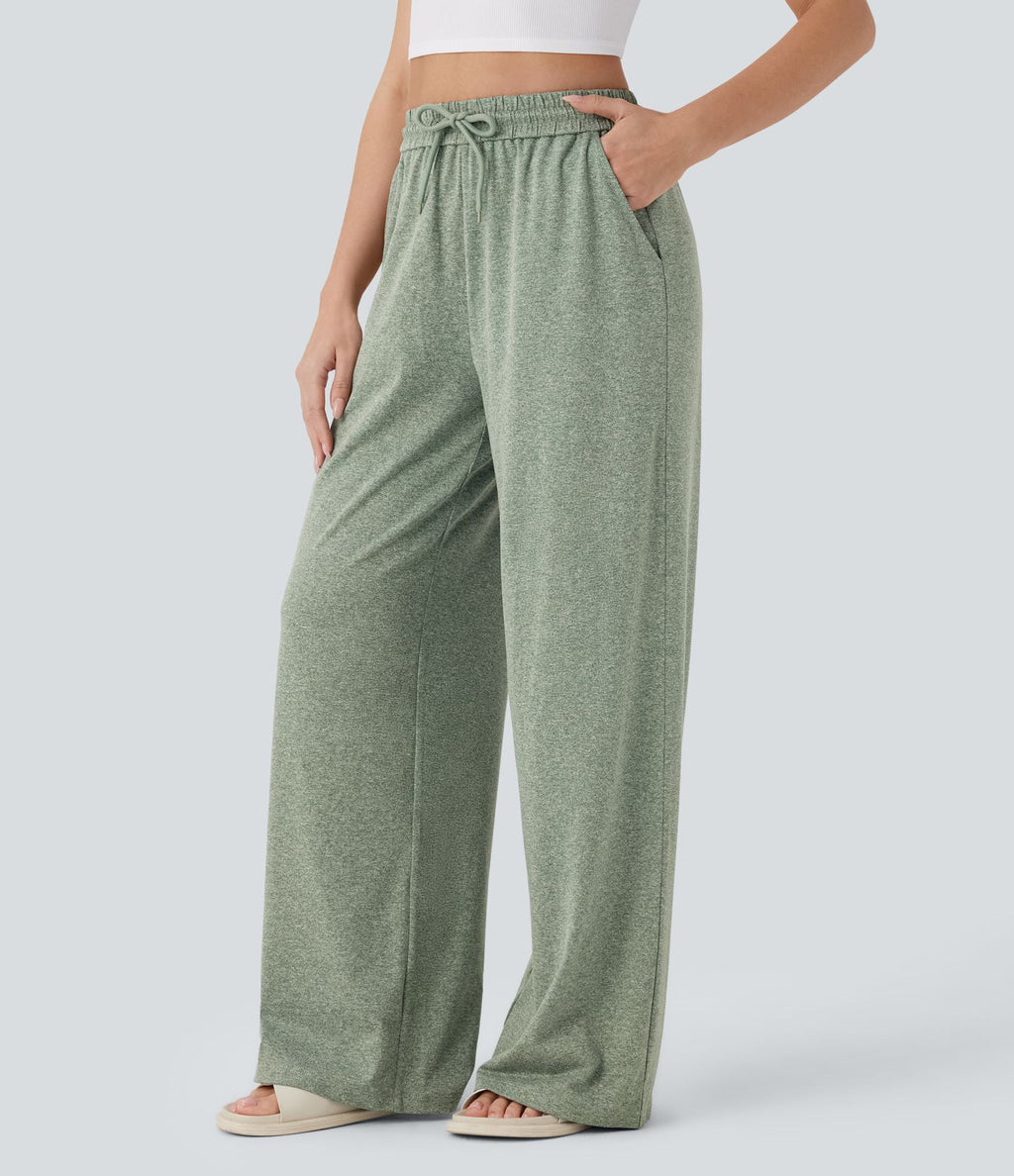 Pantalon large décontracté taille haute avec cordon de serrage et poches latérales