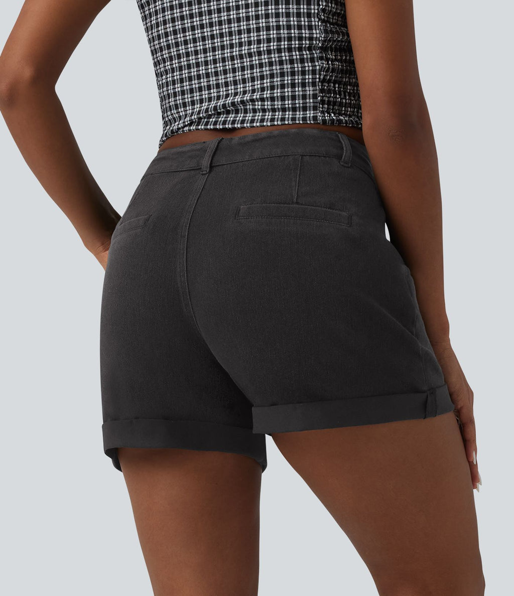 Halara Flex™ Short casual en denim taille mi-haute à ourlet retroussé avec poches