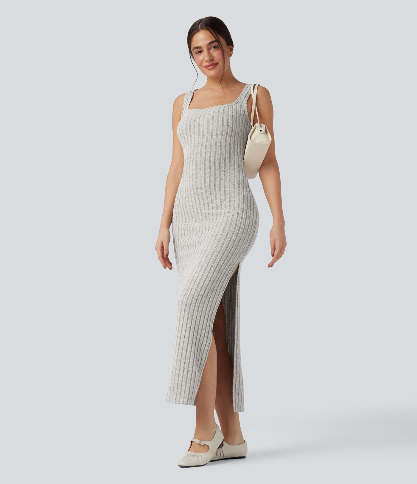 Robe longue moulante décontractée maille côtelée col carré sans manches dos torsadé avec fente
